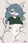  2023 anthro areola blue_hair breasts canid canine canis female fur grey_body grey_fur hair hatsumiilkshake kneeling mammal mature_anthro mature_female multicolored_body multicolored_fur navel nipples open_mouth open_smile simple_background smile solo tera_(hatsumiilkshake) two_tone_body two_tone_fur white_body white_fur wolf 