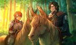  1boy 1girl armor black_hair commission english_commentary fire_emblem fire_emblem:_three_houses fire_emblem_warriors:_three_hopes forest freckles gloves hair_over_one_eye highres horse hubert_von_vestra long_sleeves nature official_alternate_costume official_alternate_hairstyle orange_hair outdoors ponytail riding riding_animal sethkiel tree 