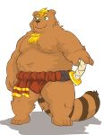  2023 anthro bear belly big_belly brown_body brown_fur canid canine fur green_eyes hi_res hybrid kemono male mammal moobs morino8484 nipples overweight overweight_male raccoon_dog solo tanuki weapon 