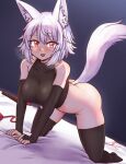  1girl animal_ears black_thighhighs blush breasts cachemerro cleavage detached_sleeves dutch_angle full_body inubashiri_momiji looking_at_viewer no_headwear red_eyes short_hair smile solo tail thighhighs touhou white_hair wolf_ears wolf_girl wolf_tail 