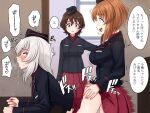  3girls absurdres akaboshi_koume bent_over black_headwear black_jacket blue_eyes blush breasts brown_hair clothed_sex futa_with_female futanari garrison_cap girls_und_panzer grey_hair hair_between_eyes hat highres indoors itsumi_erika jacket kuromorimine_military_uniform large_breasts long_hair long_sleeves multiple_girls nishizumi_miho open_mouth pleated_skirt red_skirt saliva saliva_trail sex sex_from_behind short_hair skirt speech_bubble tongue tongue_out translation_request tussy 