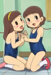  2girls black_eyes blue_one-piece_swimsuit blush bob_cut brown_hair choker doraemon hairband kawamura_(doraemon) long_hair multiple_girls non-web_source one-piece_swimsuit red_footwear school_swimsuit shoes short_hair sitting smile socks sweat sweatdrop swimsuit tachibana_(doraemon) tongue tongue_out white_socks 