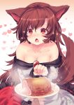  +_+ 1girl animal_ears blush boned_meat breasts brooch brown_hair cleavage commentary_request cowboy_shot dress fang food frilled_dress frilled_sleeves frills heart highres hungry imaizumi_kagerou jewelry kemo_chiharu large_breasts long_hair long_sleeves looking_at_food meat medium_bangs off-shoulder_dress off_shoulder open_mouth plate red_brooch signature solo sparkle tail touhou white_dress wolf_ears wolf_girl wolf_tail 