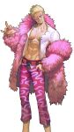  1boy abs arm_up artist_request blonde_hair capri_pants coat collarbone donquixote_doflamingo earrings feather_coat feet_out_of_frame hand_in_pocket highres jewelry looking_at_viewer male_focus muscular muscular_male navel one_piece open_clothes pants pink-tinted_eyewear pink_coat shirt short_hair smile sunglasses third-party_source tinted_eyewear white-framed_eyewear white_shirt 