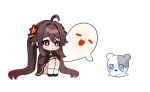  :o =_= ahoge black_footwear blush boo_tao_(genshin_impact) brown_sleeves company_connection crying english_commentary flower flower-shaped_pupils genshin_impact ghost hair_flower hair_ornament honkai:_star_rail honkai_(series) hu_tao_(genshin_impact) kneeling long_hair long_sleeves looking_at_another miyako_draw on_floor open_mouth simple_background socks symbol-shaped_pupils white_background white_socks wubbaboo_(honkai:_star_rail) 