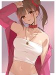  1girl arm_up armpits bare_shoulders belt_collar blush breasts brown_hair cleavage collar collarbone crop_top cropped_shirt dot_nose double_bun gradient_background hair_bun hair_ribbon idolmaster idolmaster_shiny_colors jacket jewelry large_breasts long_hair long_sleeves looking_at_viewer midriff navel necklace off_shoulder pink_background pink_jacket red_collar red_eyes red_ribbon ribbon shirt shorts simple_background skeptycally smile solo sonoda_chiyoko tongue tongue_out twintails twitter_username upper_body white_shirt white_shorts 