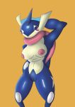  absurd_res amphibian anthro big_breasts breasts female frog game_console generation_6_pokemon genitals greninja hands_behind_back hi_res itzimiau long_tongue looking_at_viewer nintendo nintendo_switch nipples nude pokemon pokemon_(species) short_tail simple_background solo standing tail thick_thighs tongue tongue_out water 