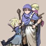  1girl 2boys black_hair blonde_hair blue_eyes cape closed_mouth dragon_quest dragon_quest_v dress hero&#039;s_daughter_(dq5) hero&#039;s_son_(dq5) hero_(dq5) highres jun_(seojh1029) looking_at_viewer multiple_boys open_mouth short_hair simple_background smile sword turban weapon 