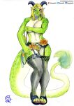  absurd_res anthro blonde_hair bra breasts clothed clothing covering covering_breasts dragon female garter_belt garter_straps green_body green_scales hair hi_res murazaki panties scales solo topless underwear 