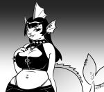  2023 accessory anthro big_breasts biped black_and_white bracelet breasts cleavage_cutout clothed clothing collar crop_top ear_frill ear_piercing eeveelution eyebrows facial_piercing female fin frill_(anatomy) front_view furgonomics furry-specific_piercing generation_1_pokemon goth hair half-closed_eyes hand_on_own_breast head_fin jewelry long_hair looking_aside membrane_(anatomy) membranous_frill midriff monochrome narrowed_eyes navel navel_piercing necklace nintendo nose_piercing nose_ring piercing pokemon pokemon_(species) ring_piercing shirt slightly_chubby slightly_chubby_female smile solo somik spiked_bracelet spiked_collar spikes standing tail tail_accessory tail_fin tail_jewelry tail_piercing tail_ring_(piercing) thong_straps topwear vaporeon 