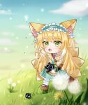  1girl animal_ear_fluff animal_ears aqua_hairband aqua_skirt arknights arm_up artist_name bag basket black_cat blonde_hair bobby_socks brown_bag brown_footwear cardigan cat chibi cross-laced_clothes cross-laced_skirt cross-laced_slit crossover dated fox_ears fox_girl fox_tail frilled_hairband frills full_body green_eyes hair_ornament hair_scrunchie hairband heixiu high-waist_skirt highres holding holding_basket kitsune kyuubi long_sleeves luo_xiaohei luo_xiaohei_zhanji mary_janes multicolored_hair multiple_tails neck_ribbon official_alternate_costume open_cardigan open_clothes open_mouth outdoors puffy_long_sleeves puffy_sleeves red_ribbon ribbon round_bag scrunchie shirt shoes shoulder_bag skirt socks suzuran_(arknights) suzuran_(spring_praise)_(arknights) tail two-tone_hair white_hair white_shirt white_socks yellow_cardigan yuren_yige 