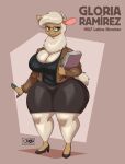  absurd_res anthro big_breasts book bottomwear breasts camelid character_name cleavage clothed clothing english_text eyewear female glasses gloria_ramirez hi_res holding_book holding_object joaoppereiraus llama mammal mature_anthro mature_female skirt solo text thick_thighs 