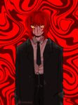  1girl abstract_background artist_name black_jacket black_necktie black_pants blood blood_on_clothes blood_on_face chainsaw_man closed_mouth collared_shirt commentary formal jacket kaogens long_hair long_sleeves looking_at_viewer makima_(chainsaw_man) necktie pants red_background red_hair ringed_eyes shirt solo standing suit white_shirt yellow_eyes 