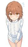  1girl :t alternate_costume blush brown_eyes brown_hair closed_mouth commentary_request flying_sweatdrops highres kinuhata_saiai kuronoya50 long_sleeves looking_at_viewer simple_background solo standing sweater tearing_up toaru_majutsu_no_index white_background white_sweater 