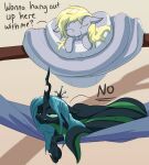  apode black_body black_scales blonde_hair derpy_hooves_(mlp) dialogue draconcopode english_text female friendship_is_magic green_body green_eyes green_hair green_scales hair hammock hasbro hi_res horn lamia legless my_little_pony queen_chrysalis_(mlp) reptile rocket-lawnchair scales scalie serpentine snake split_form text 