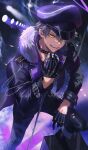  1boy absurdres black_choker black_gloves black_jacket black_pants chain choker commentary_request cropped_jacket crossed_bangs ensemble_stars! fangs fur-trimmed_jacket fur_trim gloves grey_hair hair_between_eyes half_gloves hand_up hat hat_chain highres holding holding_microphone jacket lapels leg_up long_sleeves looking_at_viewer male_focus microphone microphone_stand ogami_koga open_clothes open_jacket open_mouth pants peaked_cap purple_headwear short_hair sidelocks smile solo stage_lights standing studded_choker teeth tongue torn_clothes torn_pants utkw_n v-shaped_eyebrows yellow_eyes 