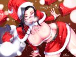  1girl aku_no_onna_kanbu:_perigee_new_moon artist_name belt black_hair breasts breath brown_belt capelet character_request cleavage earrings fur-trimmed_capelet fur-trimmed_headwear fur-trimmed_skirt fur_trim glasses hat huracan jewelry large_breasts long_hair merry_christmas navel red_capelet red_eyes red_headwear red_skirt sack santa_costume santa_hat semi-rimless_eyewear skirt 