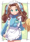  1girl :o absurdres alternate_costume apron aqua_eyes blue_jacket blue_ribbon blush brown_hair frilled_apron frills hair_intakes highres idolmaster idolmaster_cinderella_girls jacket jersey_maid kahiika kusakabe_wakaba long_hair long_sleeves maid_apron maid_headdress name_tag open_mouth parted_bangs ribbon solo standing thick_eyebrows track_jacket twintails wavy_hair white_apron 