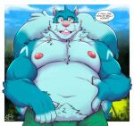  2023 absurd_res anthro belly big_belly blue_body blue_fur dialogue english_text eyewear fur glasses hi_res male mammal moobs moshihun navel nipples outside overweight overweight_male pink_nose rodent sciurid solo text tree_squirrel 
