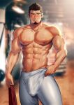  1boy abs bara black_hair blush bulge commission facial_hair goatee highres holding holding_phone kashi_kosugi large_pectorals male_focus mature_male muscular muscular_male navel nipples pants pectorals phone sergei_strelka short_hair solo tales_of_(series) tales_of_zestiria topless_male white_pants 