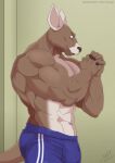  abs absurd_res anthro beastars biceps blue_clothing brown_body clothing cracking_knuckles hi_res jabuhusky kangaroo looking_down macropod male mammal marsupial muscular muscular_anthro muscular_male pecs roger_(beastars) shirtless shirtless_anthro shirtless_male simple_background solo sweatpants tail 
