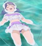  1girl :d afloat breasts closed_eyes haruyama_kazunori long_hair midriff open_mouth precure purple_hair small_breasts smile solo suzumura_sango swimsuit tropical-rouge!_precure twintails water 