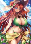  1girl bikini blue_eyes criss-cross_halter flower green_bikini halterneck hat hat_flower highres hijikawa_arashi hong_meiling multi-strapped_bikini_bottom navel red_hair swimsuit touhou water_drop 