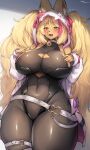  anthro bare_shoulders bell bell_collar belt big_breasts big_hair black_bodysuit blonde_hair blush bodysuit breasts brown_body brown_fur canid canine clothed clothing collar ears_up female fox fur hair half-closed_eyes hi_res hood huge_breasts inner_ear_fluff jacket long_hair mammal narrowed_eyes navel open_clothing open_jacket open_mouth open_topwear pupils red_eyes skinsuit slit_pupils solo suurin_2 thick_thighs tight_clothing topwear tuft twintails_(hairstyle) white_belt white_clothing white_jacket white_topwear wide_hips 