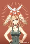  1girl bare_arms bare_shoulders black_bodysuit black_choker blue_eyes bodysuit breasts brown_background brown_hair brown_wings choker cleavage closed_mouth collarbone commentary_request covered_navel eunie_(xenoblade) feathered_wings hands_on_own_hips head_wings highres katashiro_(xenoblade) long_hair medium_breasts origami parted_bangs simple_background smile solo twitter_username upper_body uzumaki_(skydirt) wings xenoblade_chronicles_(series) xenoblade_chronicles_3 