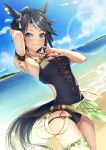  1girl ahoge alternate_costume animal_ears arm_behind_head arm_up armband bare_shoulders beach belt black_hair black_one-piece_swimsuit blue_eyes blush bracelet breasts chain cloud cowboy_shot day dutch_angle fuji_kiseki_(umamusume) glint gold_chain grin highres horizon horns horse_ears horse_girl horse_tail indoors jewelry lens_flare looking_at_viewer multicolored_hair necklace one-piece_swimsuit outdoors short_hair small_breasts smile solo streaked_hair swimsuit tail tks_(526tks) umamusume water 