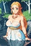  1girl alternate_breast_size bare_shoulders blonde_hair blush braid breasts cleavage covered_nipples crown_braid dress grass green_eyes hair_ornament hairclip jewelry large_breasts long_hair looking_at_viewer nikichen official_alternate_costume outdoors parted_bangs parted_lips partially_submerged pointy_ears princess_zelda rock sidelocks sleeveless solo the_legend_of_zelda the_legend_of_zelda:_breath_of_the_wild water wet wet_clothes wet_dress white_dress 