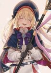  1girl artoria_caster_(fate) artoria_caster_(second_ascension)_(fate) artoria_pendragon_(fate) belt beret black_bow black_gloves blonde_hair blue_belt blue_cloak blue_gemstone blue_headwear blush bomberca309 bow buttons cloak closed_eyes collared_shirt derivative_work fate/grand_order fate_(series) gem gloves gold_trim hair_between_eyes hair_bow hat highres holding holding_staff long_hair long_sleeves open_mouth ornament pink_ribbon purple_bow ribbon shirt skirt smile staff teeth twintails white_background white_shirt white_skirt 