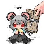  1girl animal_ear_fluff animal_ears blush character_doll cheese closed_mouth commentary english_text food full_body fumo_(doll) grey_hair grey_skirt grey_vest hands_up holding holding_food jitome kasuya_baian long_sleeves looking_at_viewer mouse_ears mouse_girl mouse_tail mousetrap nazrin red_eyes short_hair simple_background sitting skirt skirt_set smile solo_focus tail tears touhou v-shaped_eyebrows vest white_background 