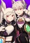  1boy 1girl animal_ears animal_hands closed_mouth collar commentary_request dragonstone fake_animal_ears fang fire_emblem fire_emblem_awakening fire_emblem_heroes fur_trim gem gloves grima_(fire_emblem) hair_between_eyes halloween halloween_costume highres long_hair looking_at_viewer official_alternate_costume open_mouth paw_gloves peach11_01 purple_background red_eyes robin_(female)_(fire_emblem) robin_(female)_(halloween)_(fire_emblem) robin_(fire_emblem) robin_(male)_(fire_emblem) robin_(male)_(halloween)_(fire_emblem) short_hair simple_background smile swept_bangs twintails white_hair wolf_ears 