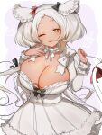  1girl ;3 black_bow bow breasts cat_tail choker cleavage dark-skinned_female dark_skin dress fang frilled_choker frills fur-trimmed_dress fur_trim hair_bow hassan_(sink916) highres indie_virtual_youtuber large_breasts long_hair long_sleeves looking_at_viewer mole mole_on_breast nekobuki_kemuri one_eye_closed parted_bangs red_eyes simple_background skin_fang smile solo symbol_in_eye tail tail_bow tail_ornament two_side_up very_long_hair virtual_youtuber white_background white_bow white_dress white_hair 