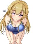  1girl black_one-piece_swimsuit blonde_hair blue_one-piece_swimsuit breasts competition_swimsuit covered_navel dated double_bun fletcher_(kancolle) hair_bun highleg highleg_swimsuit highres impossible_clothes impossible_swimsuit kantai_collection large_breasts long_hair looking_at_viewer montemasa multicolored_clothes multicolored_swimsuit one-piece_swimsuit purple_eyes simple_background smile solo swimsuit twitter_username two-tone_swimsuit white_background 