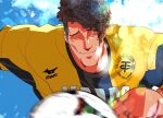  1boy ao_ashi ball closed_eyes cloud day facing_viewer ika_choco jersey lens_flare male_focus outdoors shimura_kyou sideburns smile soccer_ball soccer_uniform solo sportswear 