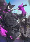  5_fingers abs anthro areola biped black_body black_fur bulge canid canine claws countershade_face countershade_fur countershading duo epic_games felid feline fingers fortnite fur male mammal mumu202 muscular muscular_male nipples pecs phantom_meowscles wendell_(fortnite) 