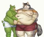  2020 alpaca anthro arm_around_shoulder belly belly_grab big_belly briefs briefs_only camelid canid canine canis cettus clothed clothing coyote duo fat_rolls fur green_body green_fur grey_body grey_fur grope hi_res holding_belly looking_at_another male male/male mammal moobs morbidly_obese morbidly_obese_anthro morbidly_obese_male nipples obese obese_anthro obese_male overweight overweight_anthro overweight_male simple_background size_difference smile standing tan_body tan_fur topless torn_clothing torn_underwear underwear underwear_only white_background 