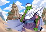  1boy alien blue_sky cape closed_mouth cloud colored_skin dougi dragon_ball dragon_ball_z dust frown green_skin highres male_focus mature_male mountain muscular muscular_male namhaekeuin piccolo pointy_ears sky solo turban white_cape 