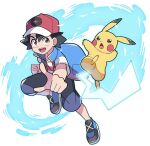  1boy :d ash_ketchum black_hair brown_eyes clenched_hand commentary_request hat highres iron_tail_(pokemon) male_focus open_mouth pikachu pointing pokemon pokemon_(anime) pokemon_(creature) pokemon_journeys shirt shoes short_hair short_sleeves shorts sleeveless sleeveless_jacket smile sutokame t-shirt teeth tongue upper_teeth_only white_shirt 