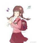  1girl backpack bag bag_charm blush braid brown_hair charm_(object) chinese_commentary closed_eyes commentary_request facing_viewer highres holding_flute iovebly long_hair long_sleeves madotsuki musical_note pink_sweater playing_flute pleated_skirt randoseru red_bag red_skirt simple_background skirt solo standing sweater turtleneck twin_braids weibo_username white_background yume_nikki 
