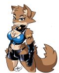  2023 anthro arm_markings blue_eyes bottomwear breasts brown_body brown_fur canid canine canis chest_tuft cleavage_cutout clothing eyebrows eyelashes female fur glistening glistening_clothing inner_ear_fluff mammal markings midriff senorkah shorts shoulder_tuft solo tan_body tan_fur topwear tuft wolf 