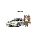  1girl animal_ears ascot black_thighhighs brown_hair car chibi commentary_request crossed_arms earrings epaulettes full_body gloves green_skirt highres horse_ears horse_girl horse_tail jewelry logo long_sleeves looking_at_viewer mazda motor_vehicle multicolored_hair run_rotary simple_background single_earring single_epaulette skirt solo spoiler_(automobile) streaked_hair symboli_rudolf_(umamusume) tail thighhighs umamusume white_ascot white_background white_car white_gloves white_hair |_| 