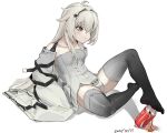  1girl ahoge bandage_over_one_eye breasts can coca-cola cou_di_di dated dress grey_dress grey_eyes grey_hair grey_sleeves grey_thighhighs highres long_hair no.21:_xxi_(punishing:_gray_raven) no.21_(punishing:_gray_raven) no_shoes punishing:_gray_raven sidelocks sleeves_past_fingers sleeves_past_wrists small_breasts solo thighhighs very_long_hair white_background 