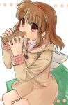  1girl 2019 :o angel_wings brown_coat brown_hair coat commentary_request dated_commentary eating eyes_visible_through_hair food hair_between_eyes hairband hands_up highres holding holding_food hood hood_down kanon light_blush long_sleeves looking_at_food medium_hair open_mouth red_eyes red_hairband sakura_emi simple_background sitting sketch solo taiyaki tsukimiya_ayu wagashi white_background wings 