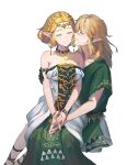 1boy 1girl bare_shoulders blonde_hair braid breasts closed_eyes closed_mouth commentary_request crown_braid dress hetero highres korean_commentary lemonsam link medium_breasts official_alternate_costume pointy_ears princess_zelda short_hair smile the_legend_of_zelda the_legend_of_zelda:_tears_of_the_kingdom tiara white_background 