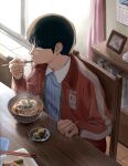  black_hair blunt_bangs bookshelf bowl bowl_cut calendar_(object) chopsticks clothes_writing curtains eating floor food food_in_mouth from_above from_side hand_up highres holding holding_chopsticks indoors jacket kageyama_shigeo long_sleeves looking_to_the_side male_focus mob_psycho_100 nanigaoka noodles pajamas picture_frame plate profile red_jacket running_bond short_hair solo steam table track_jacket wooden_chair wooden_table 