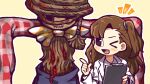  &gt;_o 1girl black_eyes blood brown_hair clipboard coat collared_shirt commentary_request employee_(lobotomy_corporation) hand_up hatake_shimeji holding holding_clipboard lobotomy_corporation long_hair long_sleeves no_nose notice_lines one_eye_closed one_side_up open_clothes open_coat open_mouth outline project_moon scarecrow scarecrow_searching_for_wisdom shirt simple_background smile white_coat white_outline white_shirt yellow_background 