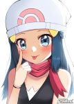  1girl :p absurdres bare_shoulders beanie black_shirt blue_eyes blue_hair dawn_(pokemon) eyelid_pull hair_ornament hairclip hat highres hikari_(knuckles97) long_hair looking_at_viewer pokemon pokemon_dppt red_scarf scarf shirt simple_background sleeveless solo tongue tongue_out upper_body white_background white_headwear 